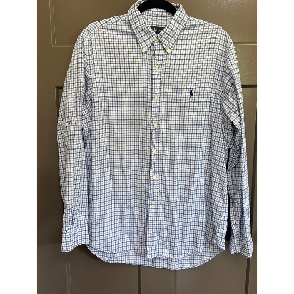 Polo Ralph Lauren Mens Blue White Plaid Cotton Button Down Shirt Lg L Long Slv